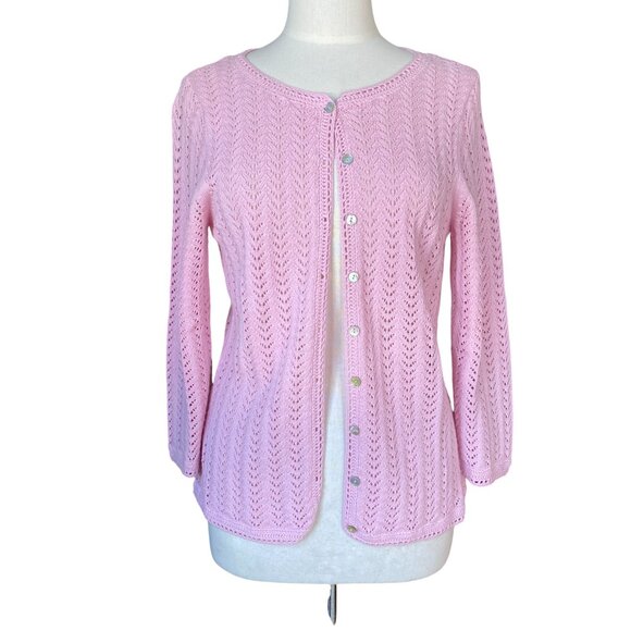 LL Bean Linen Blend Pointelle Knit Cardigan Pink Shell Buttons Cottagecore-M - Picture 7 of 11